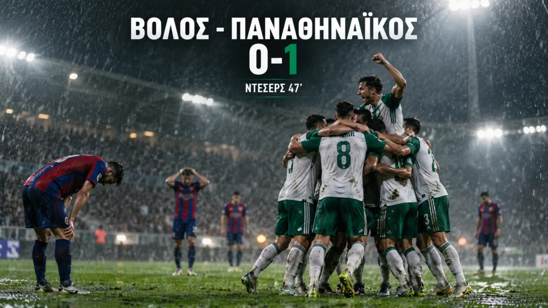 Παίκτες του Παναθηναϊκού πανηγυρίζουν σε βροχερό αγώνα στον Βόλο